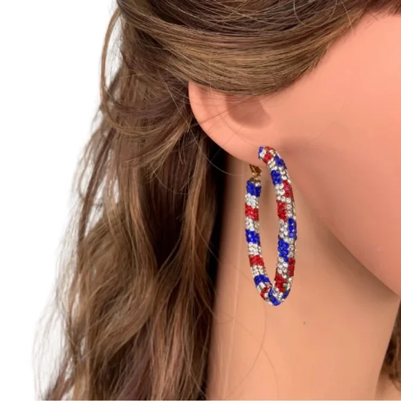 Glittering Large Patriotic Red White and Blue Rhinestone Hoop Earrings - Picture 2 of 2